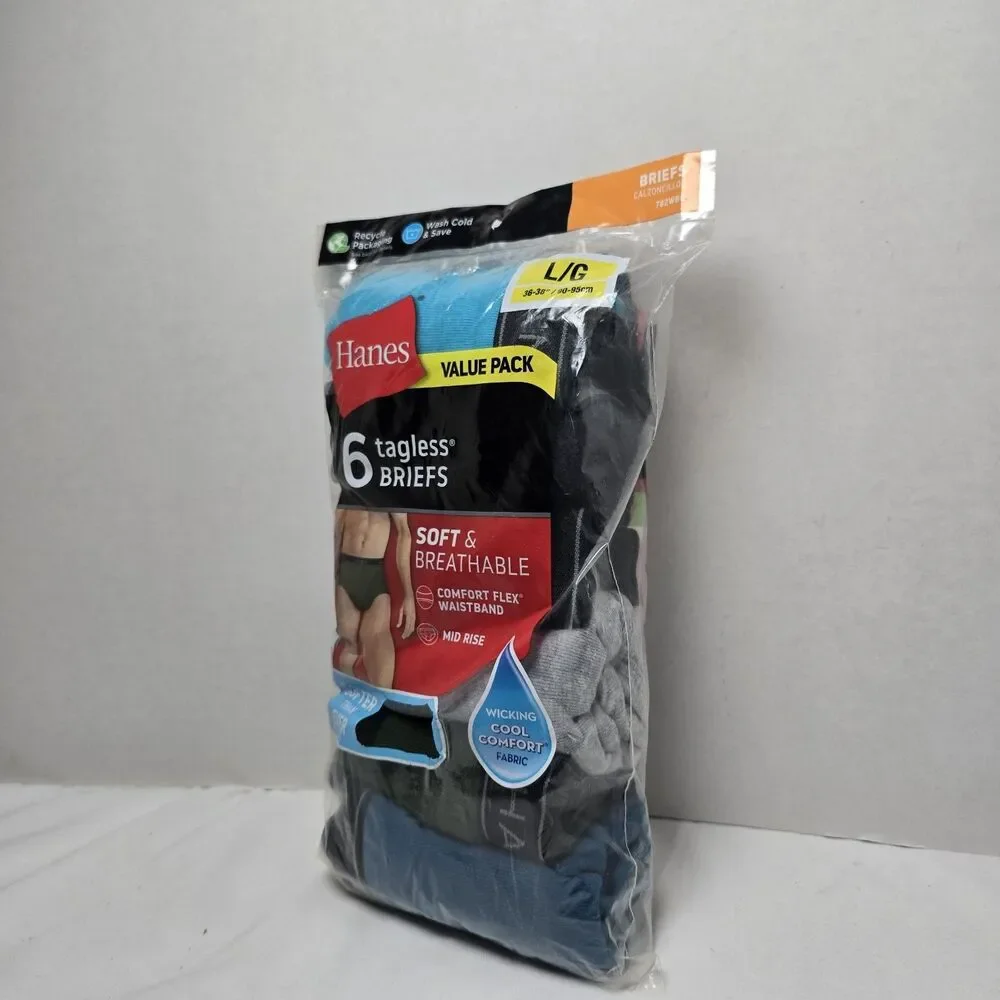Hanes Comfort Flex Briefs Mid-Rise 6pk Multi-Color Men's Size Large 36-38 Tagles